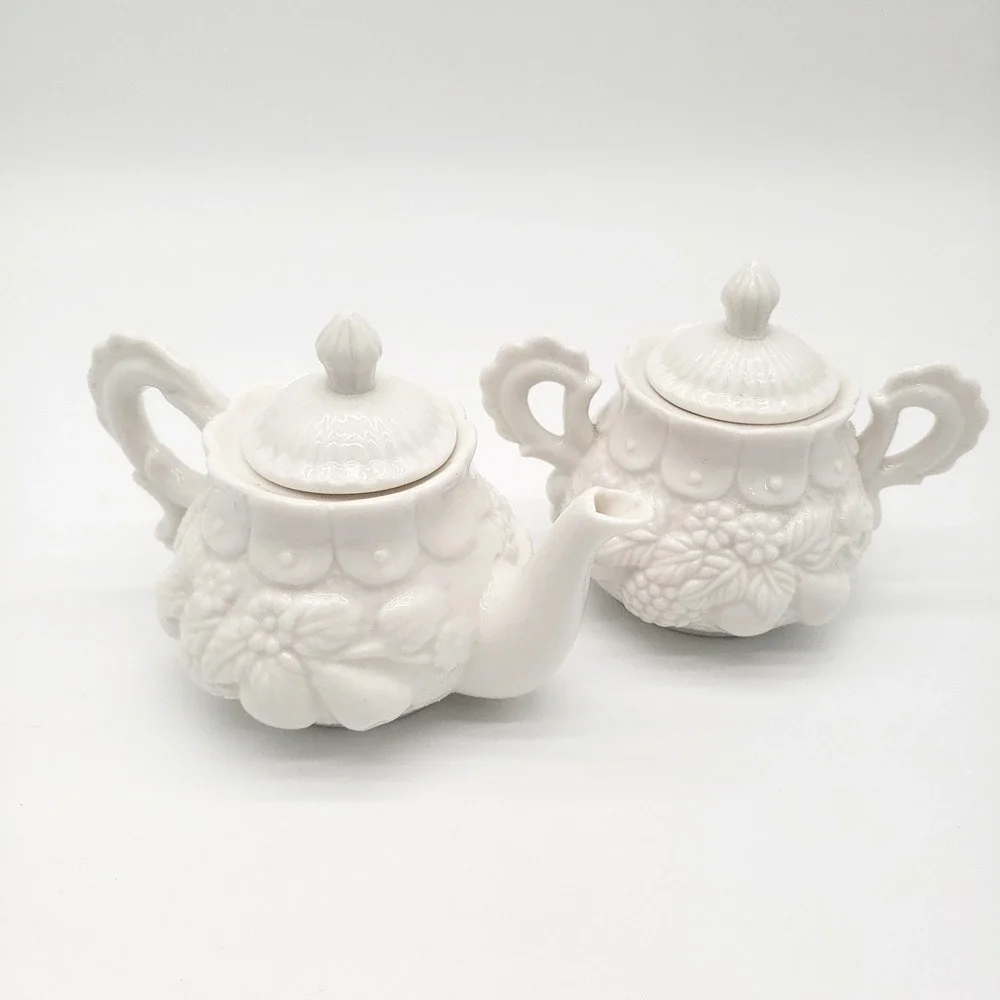 Cottagecore Embossed White Porcelain Small Teapot & Sugar Bowl Floral Vintage